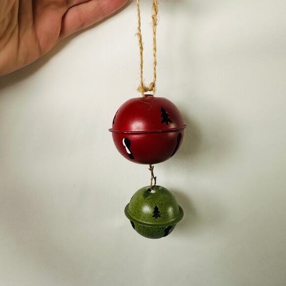 Primitive Farmhouse Christmas Red & Green Double Stacked Rustic Bell Ornament - Picture 5 of 6